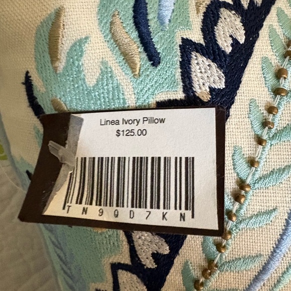 Creative Co-Op Cream Blue Embroidered Pillow with gingham detail on back - Picture 3 of 5